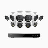 H800X - 4K 16 Kanal PoE Überwachungskamera-Set mit 6 Bullet Kameras & 4 Turm Kameras, 1/1.8'' BSI Sensor, f/1.6 Aperture (0.003 Lux), alarmierung mit sirene und blitzlicht, 2CH 4K-Dekodierungsfunktion, personen- und fahrzeugerkennung, perimeterschutz